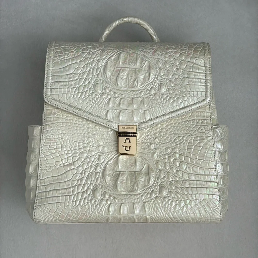 Brahmin | Liz Milk Melbourne Iridescent Croc Convertible Leather Backpack Purse - Picture 3 of 14
